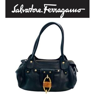 SALVATORE FERRAGAMO Black Leather Wicker Padlock Satchel, Authentic. EUC